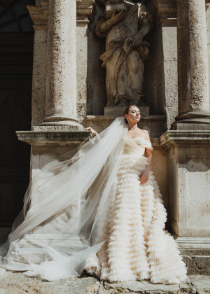 Off Shoulder Champagne Tulle Ruffled Luxurious Wedding Dress